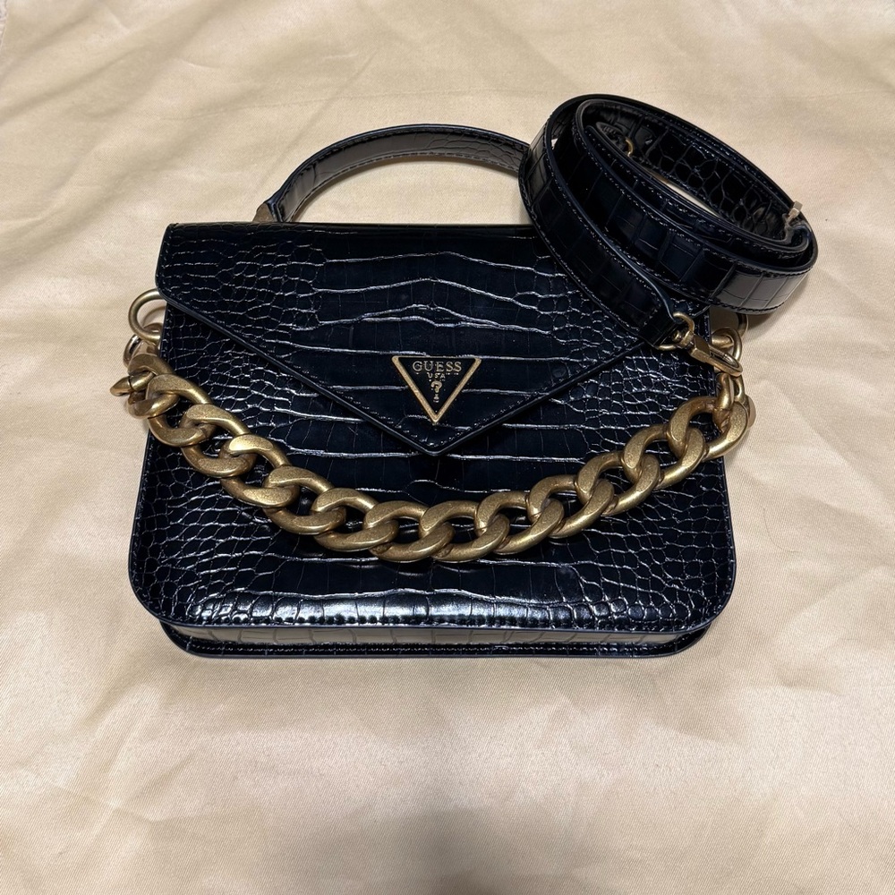 GUESS Black Croc Crossbody Bag with gold hardware